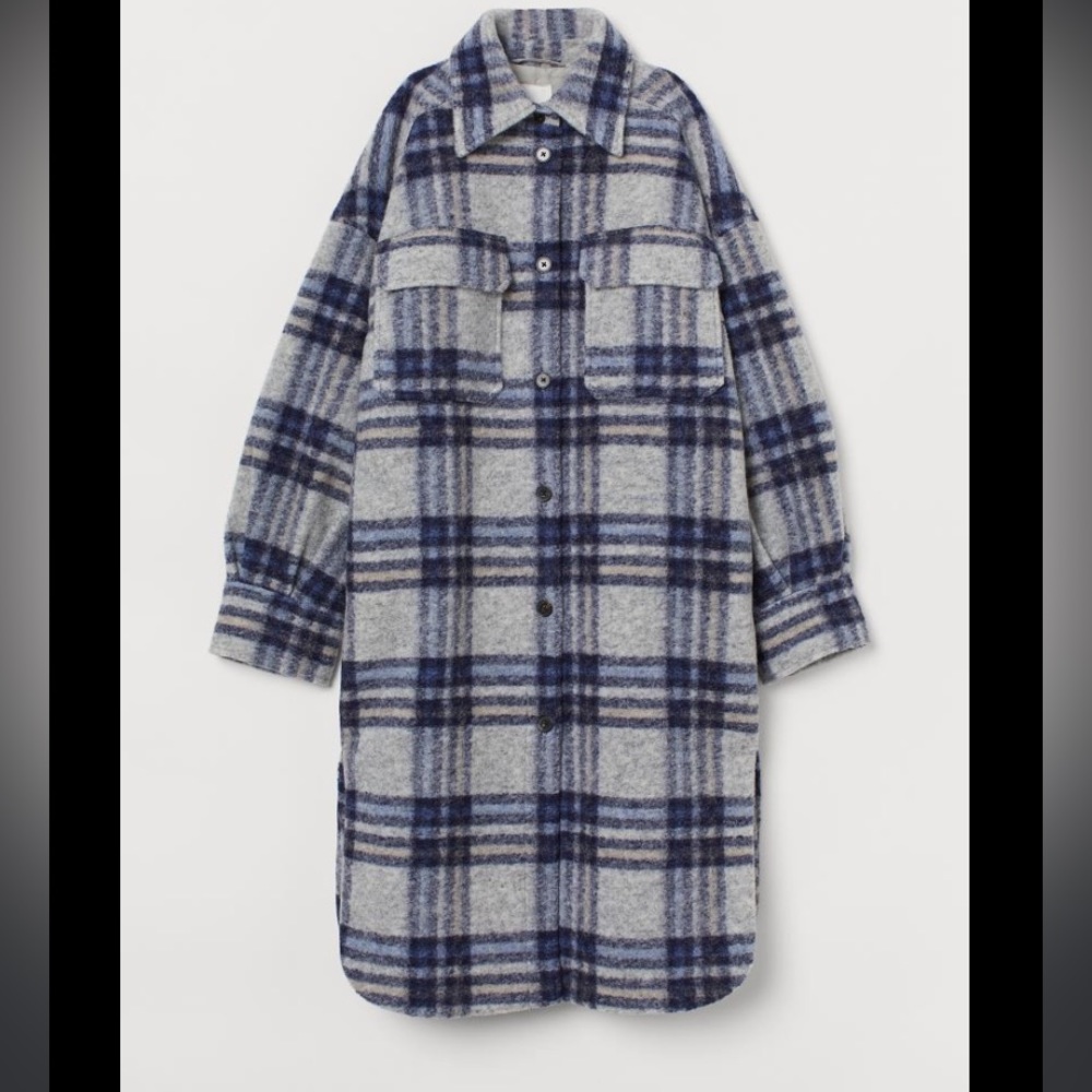 EUC H&M WOOL BLEND BLUE GRAY PLAID OVER SHIRT LONG SHACKET OVERSIZED JACKET XS